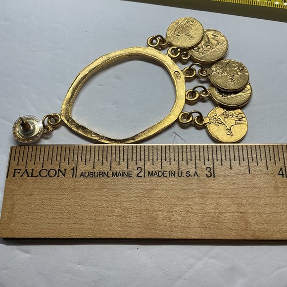 Susan Shaw Signed Gold Coin Hoop Dangle Post Earrings Roman Revival) - Picture 9 of 10